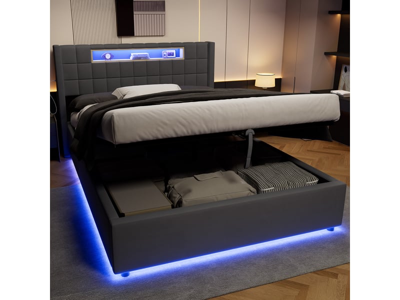  Lit coffre 140x200 cm avec led, rangement hydraulique, tête de lit avec rangement, velours gris (sans matelas)  - Conforama A