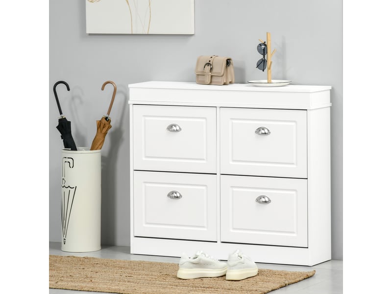 Armoire à chaussures meuble à chaussures rangement dim. 98l x 24l x 83h cm 4 portes abattantes double niveau mdf blanc - Conforama C