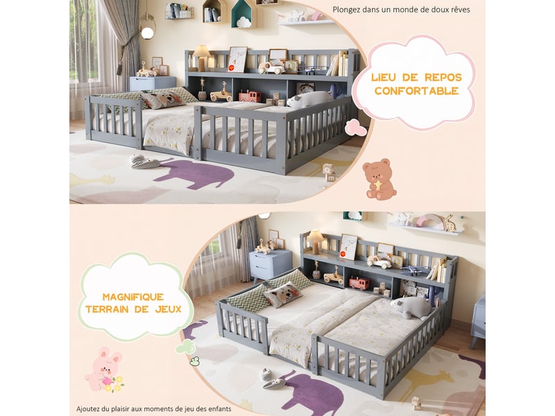  Lit double enfant 140x200 cm avec rangements et bibliothèque,lit au sol avec barrières de sécurité,pin massif, gris  - Conforama W