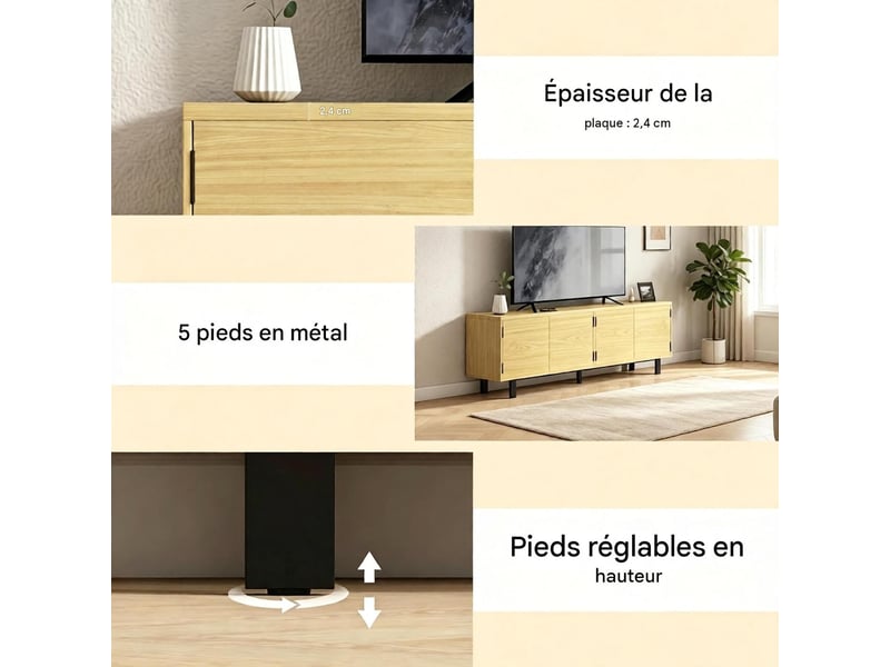  Meuble tv 4 portes push-to-open effet bois et métal 180 x 35 x 55,5 cm T5828S00065 - Conforama D