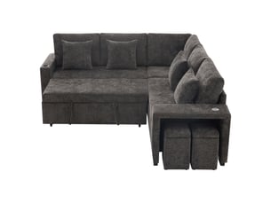 Canapé d'angle convertible 5 places 220 × 205 × 86,5 cm, méridienne réversible avec rangement, usb et usb-c, pouf coffre, chenille, gris