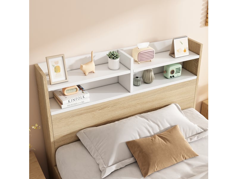  Lit 1 place 90x200 cm avec matelas, 2 tiroirs, niches de rangement, sommier à lattes, bois, blanc et chêne  - Conforama E