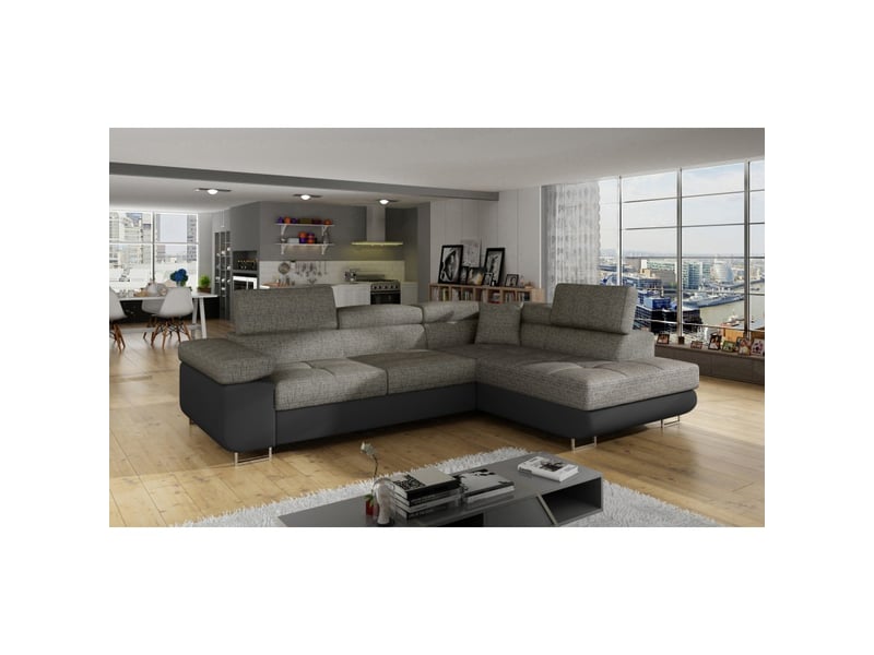  Canapé d'angle convertible menton gris bouclé – 4 places avec coffre et têtières  - Conforama E