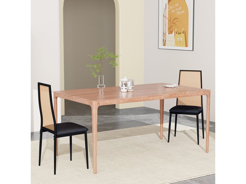  Lot de 2 chaises de salle à manger - 44x43x97.5cm - dossier haut en rotin &amp; assise rembourrée, pieds métal - noir  - Conforama C