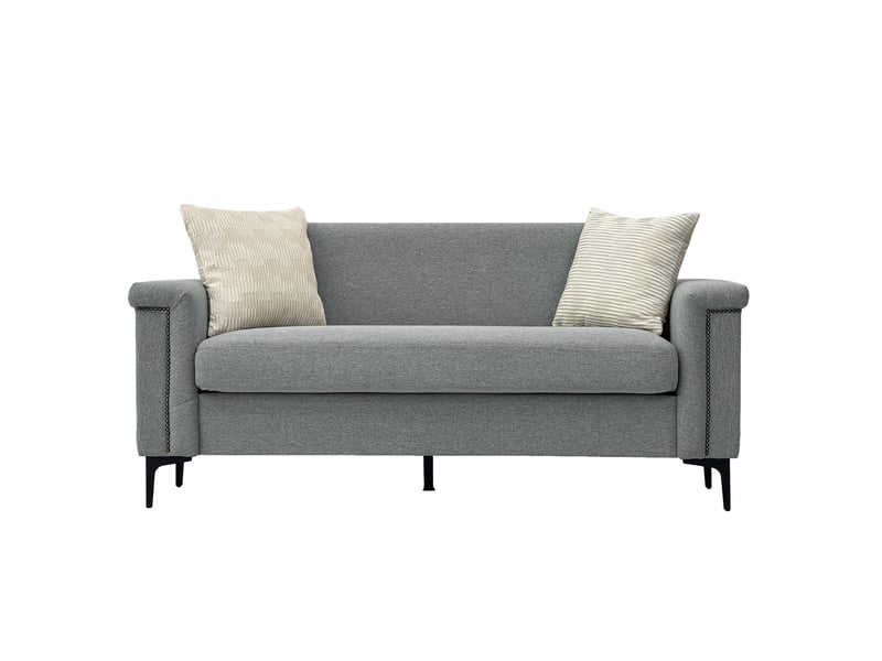  Canapé droit 2 places avec accoudoirs larges et clous décoratifs  - pieds en métal, tissu effet lin - gris clair  - Conforama A