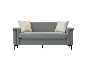 Canapé droit 2 places avec accoudoirs larges et clous décoratifs  - pieds en métal, tissu effet lin - gris clair