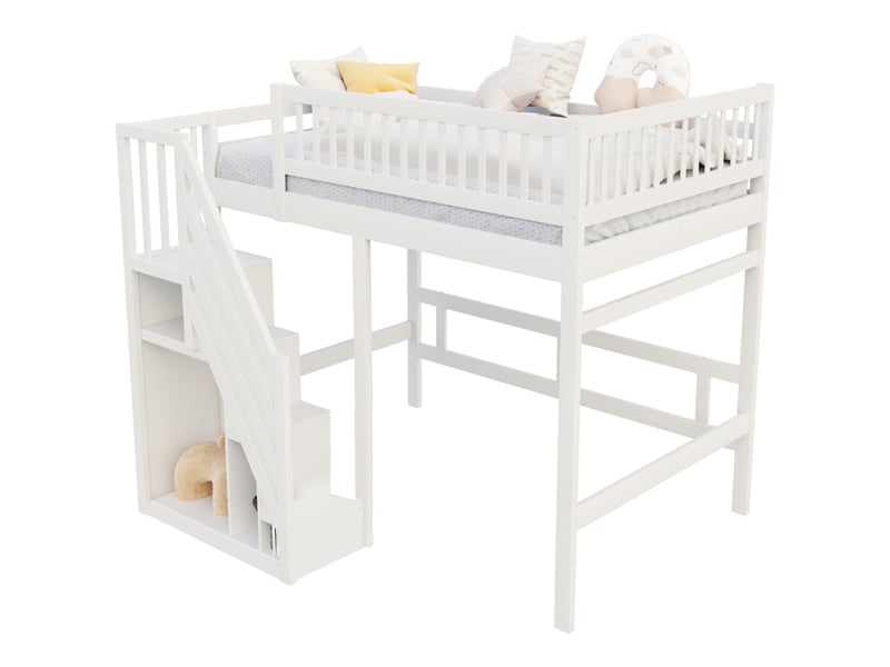  Lit 140x200 cm bois massif blanc avec escalier, rangement et garde-corps - sans matelas  - Conforama A