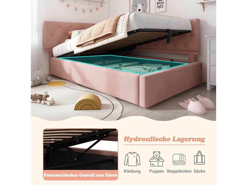  Lit banquette 90x200 velours rose - lit coffre avec rangement hydraulique et sommier  - Conforama R