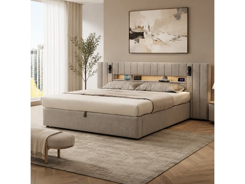  Lit double 180×200 cm usb, usb-c, led réglable et lampe de lecture  - sans matelas, velours gris  - Conforama B