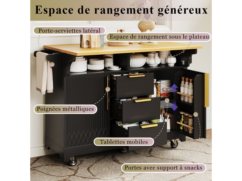 Îlot central de cuisine 120 x 4080 x 95 cm avec plateau extensible, 3 tiroirs et 2 portes, étagères et roulettes, noir - Conforama D