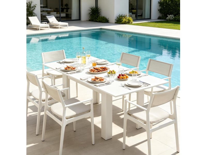  Table de salle à manger extensible pour 6 à 8 personnes avec rallonge, plateau en mélaminé, mdf et acier, blanc  - Conforama E