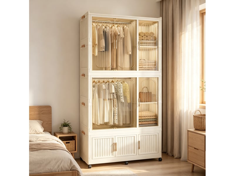  Armoire modulaire pliable 92x45x196 cm avec 9 portes magnétiques couleur beige crème, polypropylène, confort optimal  - Conforama D