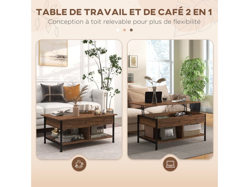  Table basse relevable avec rangement et 2 niches marron rustique noir 100 x 60 x 46 cm  - Conforama D