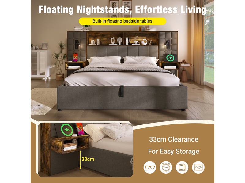 Lit double capitonné rembourré 180x200 cm en lin gris, coffre hydraulique, éclairage led, ports usb et type-c, 2 tables de chevet, lampes de lecture Luxe haut de gamme - Conforama D