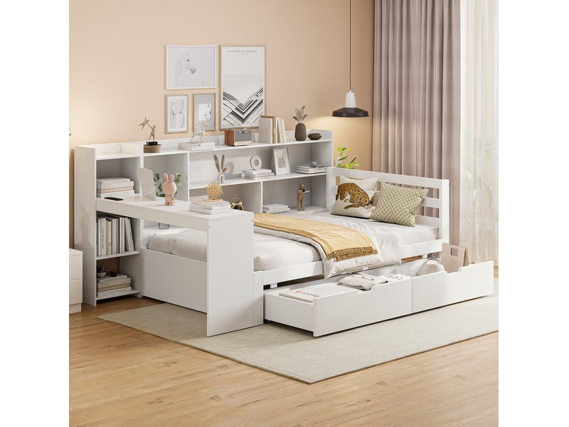 Lit combiné 90x200 cm avec bureau, rangements et prise usb blanc - Conforama B