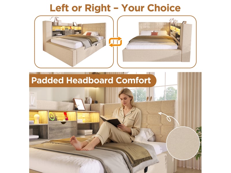  Lit coffre 140x200 cm, avec rangement hydraulique, tête de lit réversible, led et prises usb, lin beige, sans matelas  - Conforama E