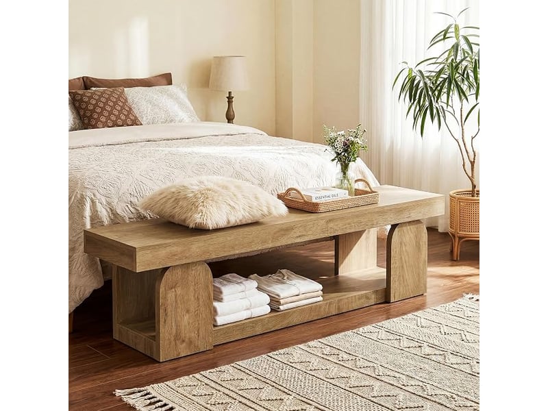  Banc d'entrée de 160 cm de long, banc à chaussures de style campagnard avec étagère de rangement, banc d'intérieur en bois naturel à placer au pied du lit, idéal pour la chambre, le couloir ou le hall d'entrée.  - Conforama E