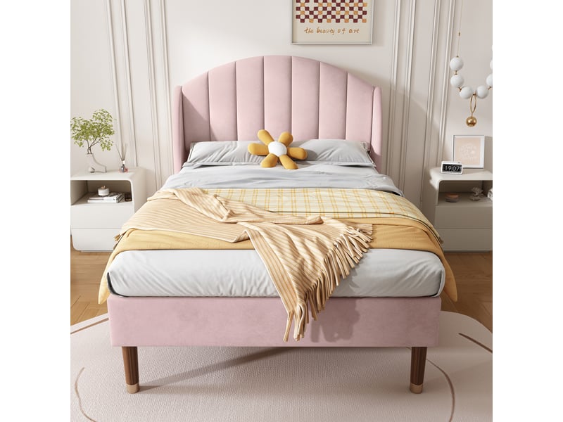  Lit simple enfant 90x200 cm avec tête de lit rembourrée, sommier à lattes, montage facile,velours, rose evarich - Conforama E