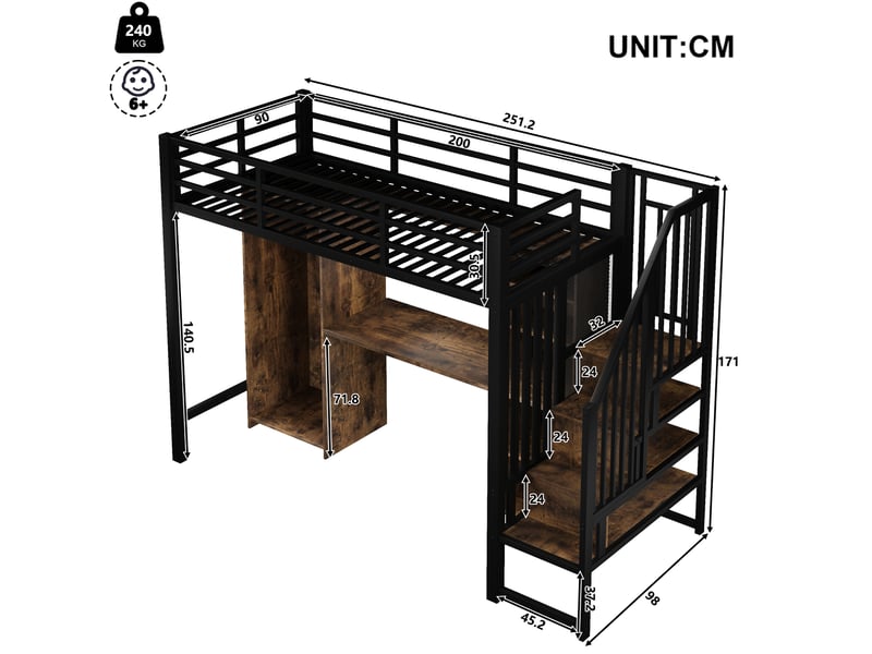 Lit mezzanine 90 x 200 cm noir métal et mdf, bureau, armoire et escalier avec rangements intégrés - Conforama C