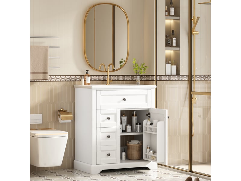 Meuble vasque autoportant 76x46x87 cm avec vasque céramique intégrée, blanc, 3 tiroirs - Conforama C