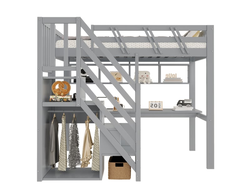  Lit mezzanine 90x200 cm - bureau avec led et usb - escalier avec rangement - lit simple - bois - gris  - Conforama R