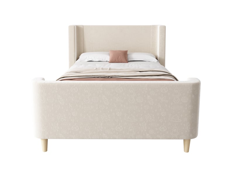  Lit simple 90x200cm, design simple, lit enfant avec tête de lit et sommier, velours beige, sans matelas  - Conforama A