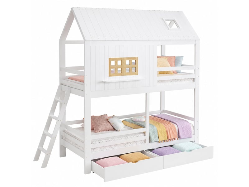 Lit superposé enfant 200×90 cm avec toit, fenêtres et 2 tiroirs, sans matelas, en pin et mdf blanc et naturel - Conforama A