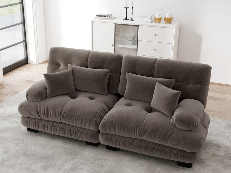  Canapé d'angle cloud 2 places chenille marron, 2 coussins lombaires + 2 décoratifs, structure bois massif, 220x77x81cm  - Conforama B