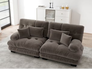 Canapé d'angle cloud 2 places chenille marron, 2 coussins lombaires + 2 décoratifs, structure bois massif, 220x77x81cm
