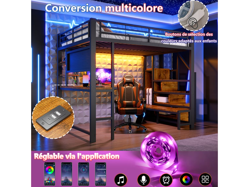 Lit mezzanine 140x200 cm – avec bureau rangement led usb et échelle – métal et mdf – noir CozyNest - Conforama D
