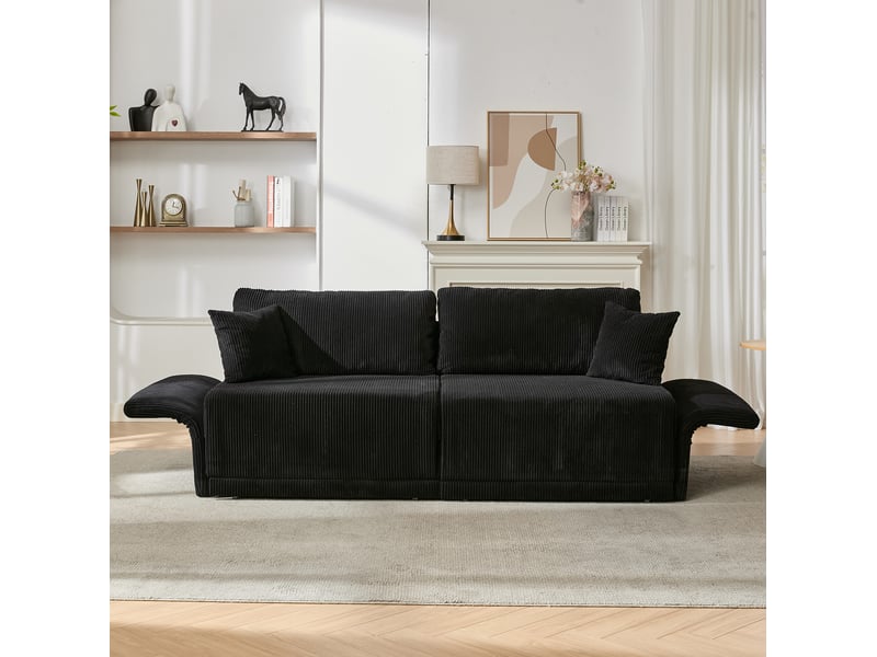  Canapé convertible 2 places avec couchage d'appoint et assise à ressorts, en velours côtelé noir, 182 × 88 × 84 cm  - Conforama E
