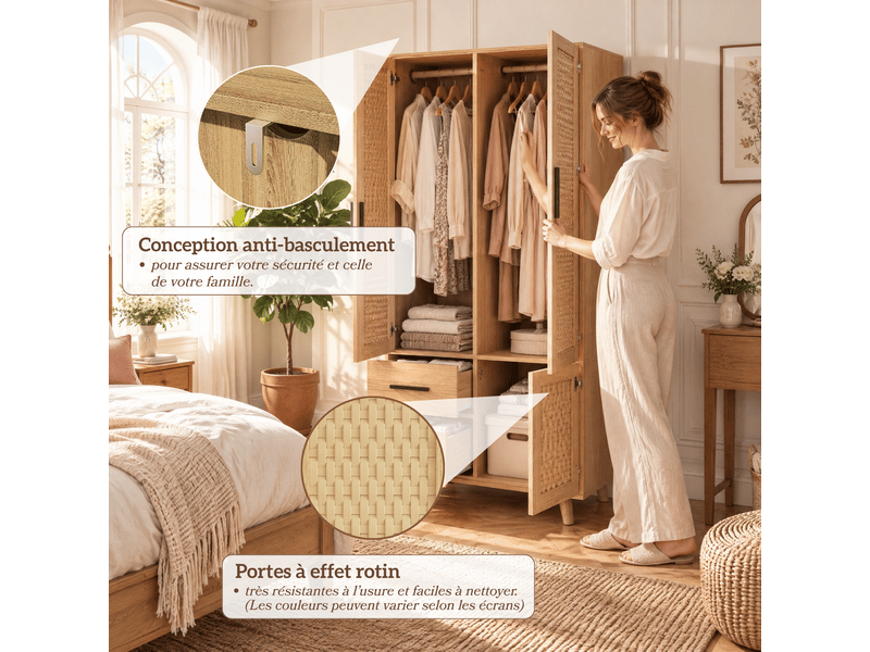 Armoire penderie chambre adulte 3 portes et 2 tiroirs - 80x52x166 cm - charnières amorties - style scandinave - double tringle à vêtements pour petit appartement, bois clair - Conforama D