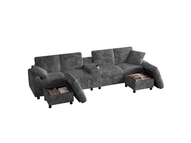  Canapé d'angle panoramique 4 places 315 x 135 x 81 cm en velours côtelé avec 2 poufs coffres, usb-c et prises - gris Fay Lum - Conforama A