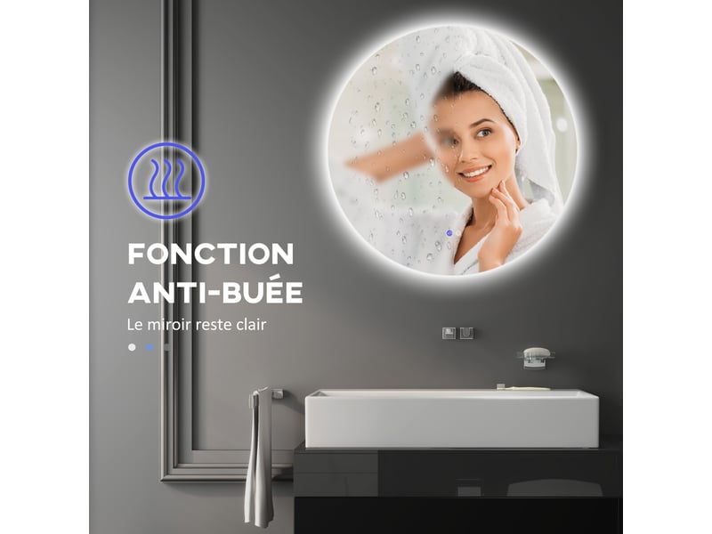 Miroir rond lumineux led de salle de bain mural avec éclairage interrupteur tactile système antibuée ø 80 cm - Conforama W