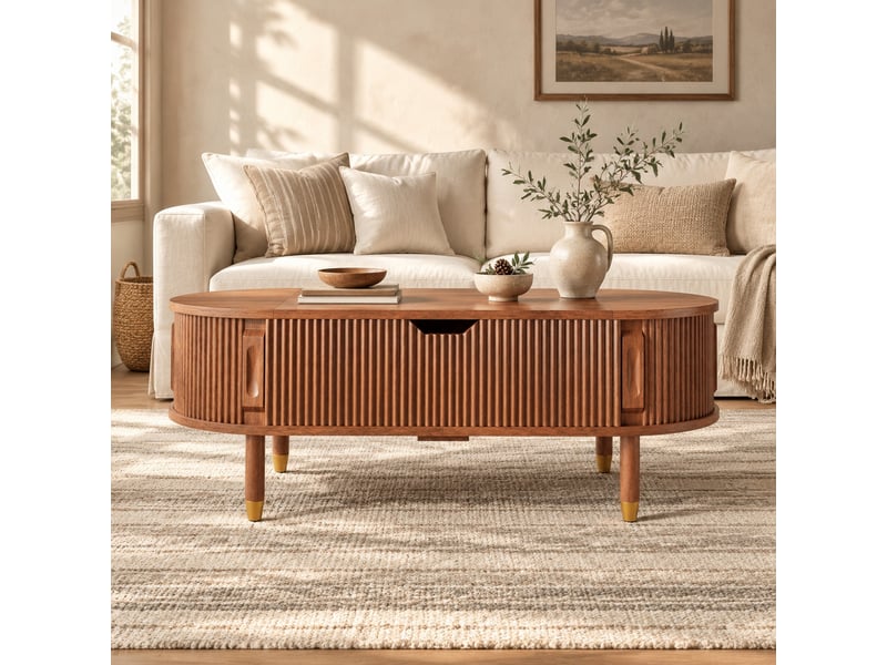  Table basse relevable ovale avec rangement, 2 portes coulissantes, pieds en bois, pour salon, noyer, 110 × 48 × 57 cm  - Conforama C