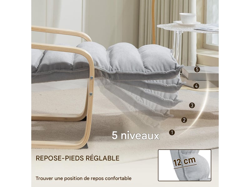  Fauteuil relax avec repose-pieds réglable en bois de bouleau tissu gris clair  - Conforama E