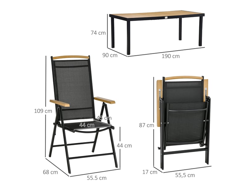  Salon de jardin extérieur 6 personnes, cadre en aluminium, table 190 cm, 6 chaises pliables et inclinables, noir  - Conforama E