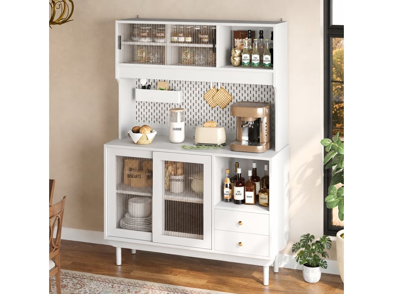 Buffet de cuisine blanc à portes coulissantes en verre strié, 117 x 30 x 170 cm - Conforama D