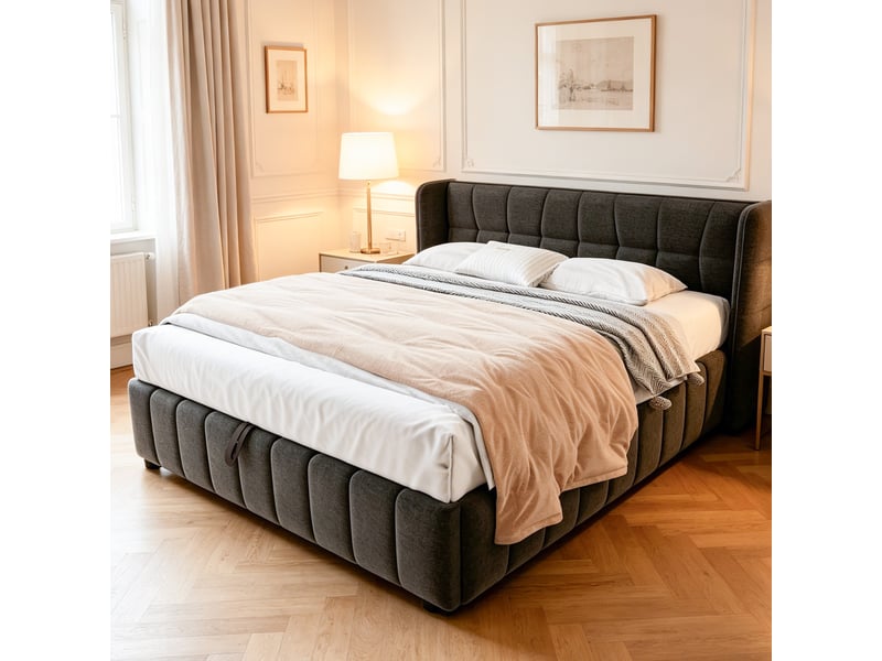  Lit coffre 180 x 200 cm avec rangement pneumatique, tête de lit capitonnée, sommier à lattes, lin gris  - Conforama D