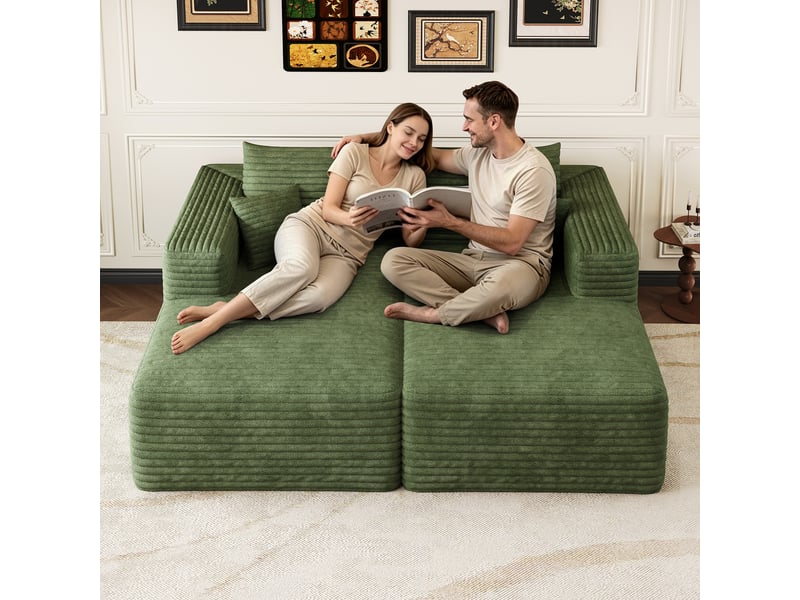 Canapé modulable convertible 2 places 180 x 151 x 58 cm, canapé-lit sans structure, assise en mousse, design minimaliste, velours côtelé, vert Bliss Lite - Conforama B