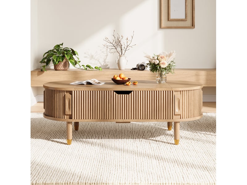  Table basse ovale ulevr relevable hydraulique avec rangement, 110 x 48 cm, mdf, coloris naturel  - Conforama D