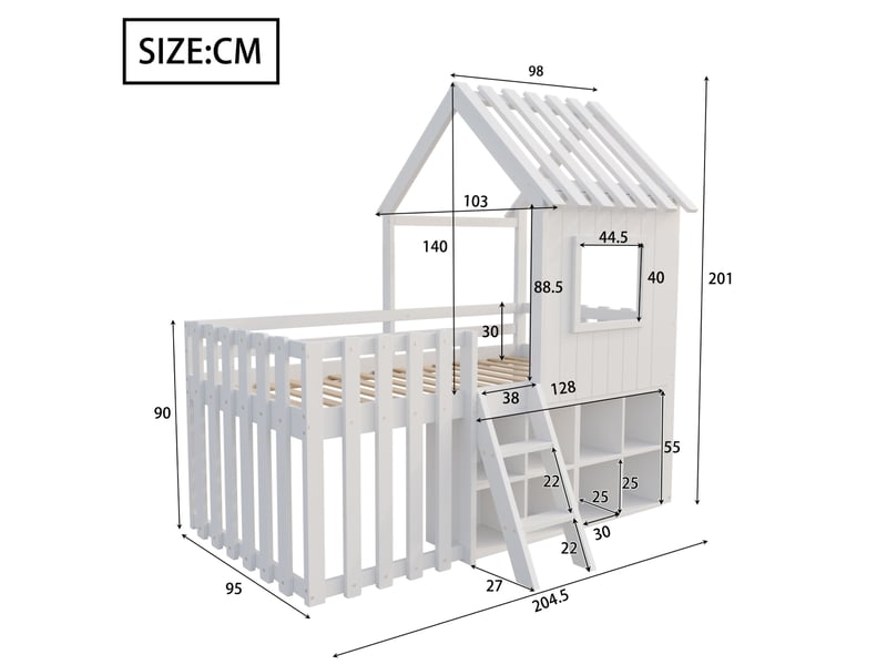 Lit mezzanine enfant 90x200 cm – blanc – cabane avec rangements mobiles, échelle et fenêtres - sans matelas - Conforama C