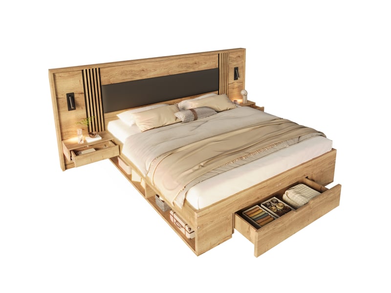 Elvmi lit double 160x200 cm avec sommier et matelas, rangement intégré avec 5 espaces de stockage, 2 tables de chevet intégrées, grande tiroir de pied de lit, tête de lit rembourrée en pu, 2 liseuses orientables 360°, mdf, color… - Conforama D