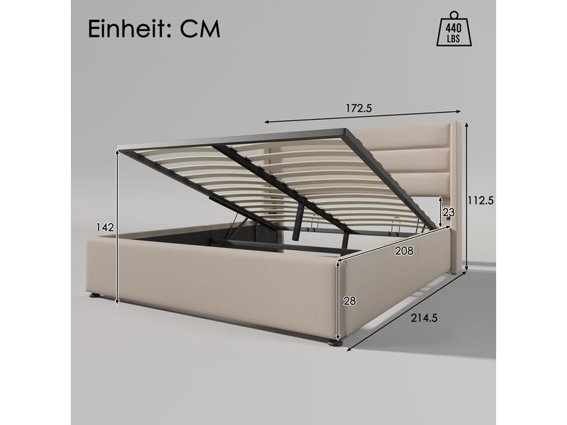  Lit coffre 160x200 cm - tissu lin beige, rangement hydraulique, cadre métallique, sommier à lattes et matelas inclus  - Conforama E