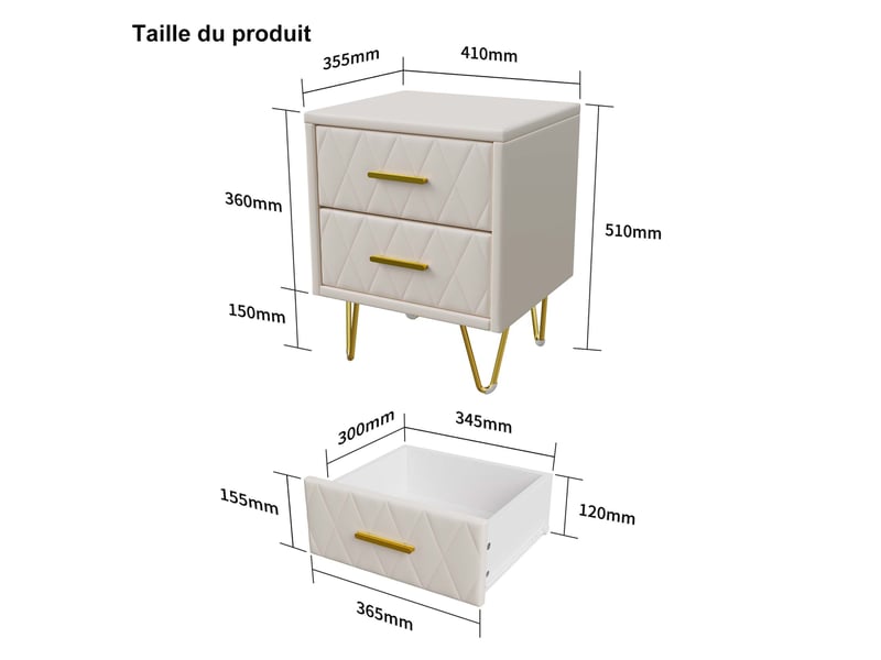 Lot de 2 tables de chevet en pu souple beige matelassé - 41x35.5x51 cm - piétement en métal doré - 2 tiroirs - design moderne et élégant - Conforama B