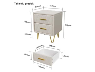 Lot de 2 tables de chevet en pu souple beige matelassé - 41x35.5x51 cm - piétement en métal doré - 2 tiroirs - design moderne et élégant