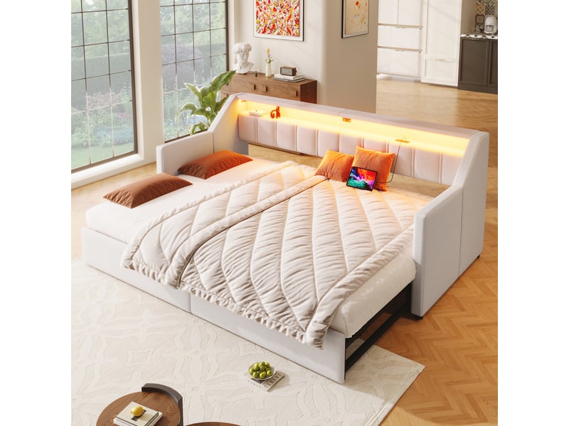  Lit de jour 90 x 200cm avec usb et type-c, led, 2 tiroirs, rangements, lit gigogne, sans matelas, beige  - Conforama D