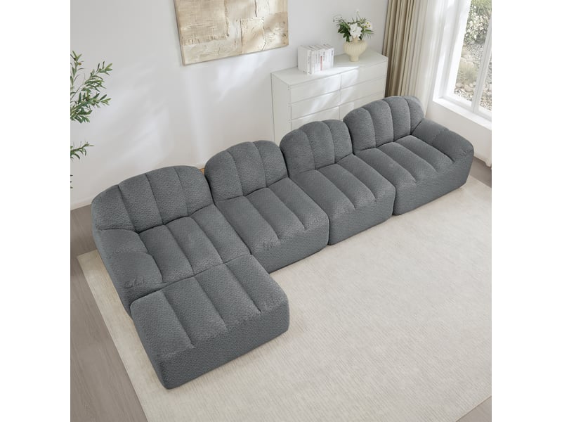  Canapé modulaire 4 places avec assise profonde, ottoman et soutien ergonomique en polaire texturée gris  - Conforama D