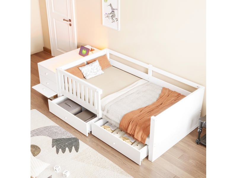  Lit mezzanine 90x200 cm rangement, prise et led en métal contreplaqué et mdf blanc  - Conforama B