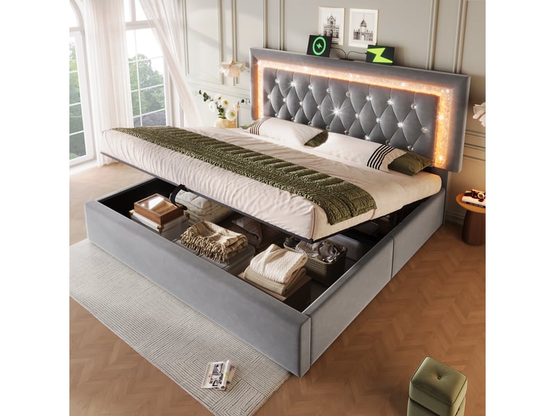  Lit coffre 160x200 cm velours gris, tête de lit led, ports usb-c, rangement hydraulique et matelas inclus  - Conforama D